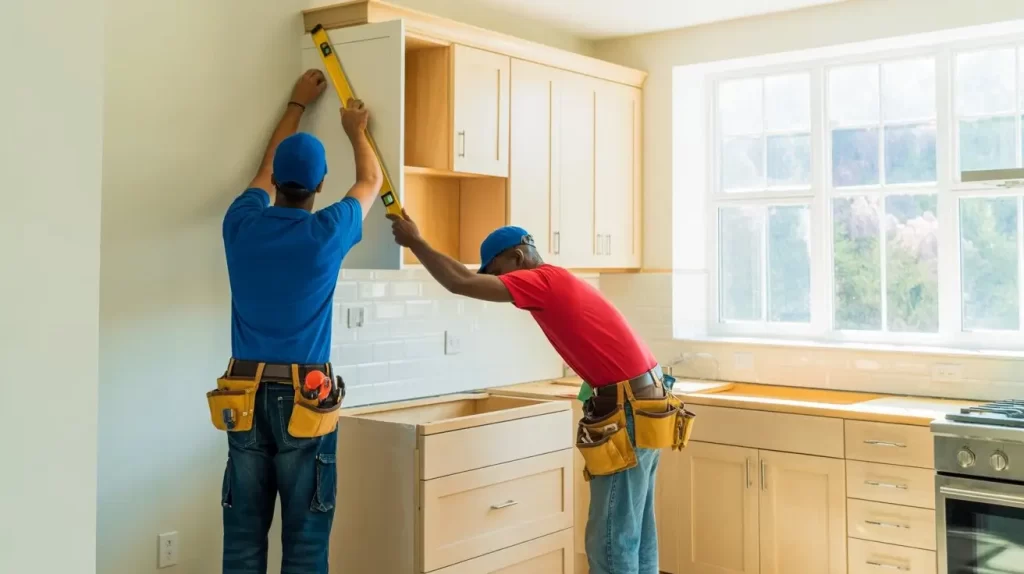two-construction-workers-installing-kitchen-cabinets